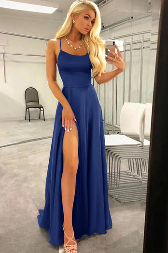 Royal Blue Halter Backless A Line Prom Dress