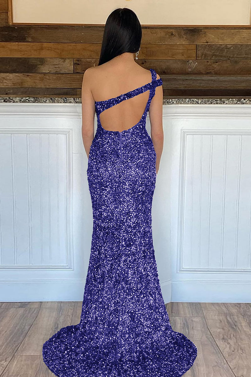 Load image into Gallery viewer, Mermaid One Shoulder Dark Purple Sequins Long Prom Dress