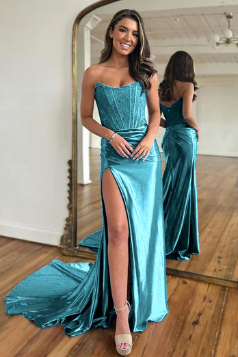 Sparkly Dark Navy Sheath Corset Long Prom Dress with Lace