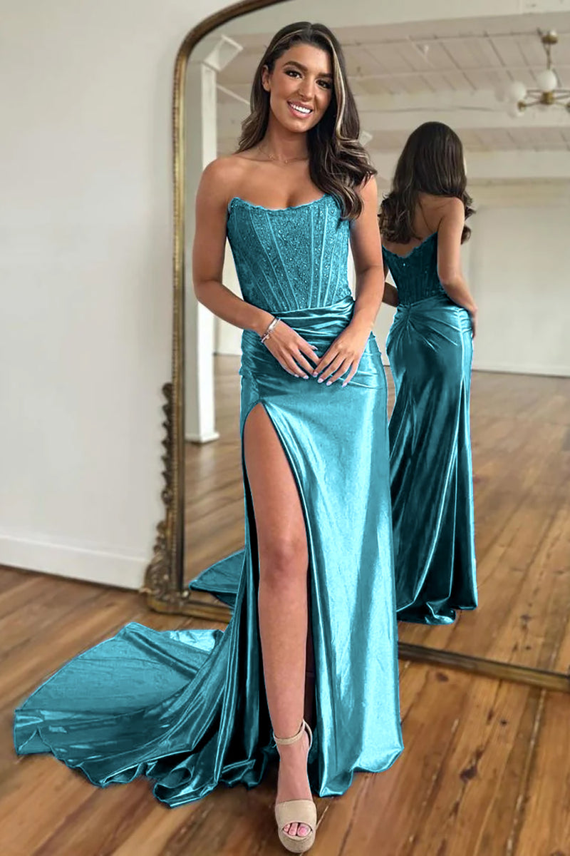 Load image into Gallery viewer, Sparkly Dark Navy Sheath Corset Long Prom Dress with Lace