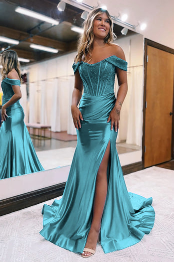 Queendancer Sparkly Peacock Beaded Mermaid Long Prom Dress with Slit _1