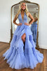 Load image into Gallery viewer, Sparkly Lavender A-Line Laced Halter Corset Tiered Tulle Long Prom Dress with Slit