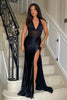 Load image into Gallery viewer, Black Corset Deep V-Neck Halter Long Prom Dress with Slit