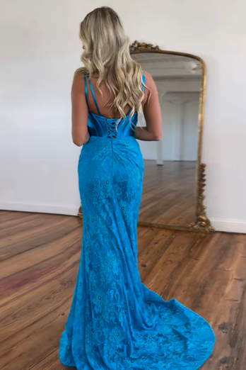 Sparkly Blue Mermaid Beaded Lace V Neck Corset Long Prom Dress with Slit