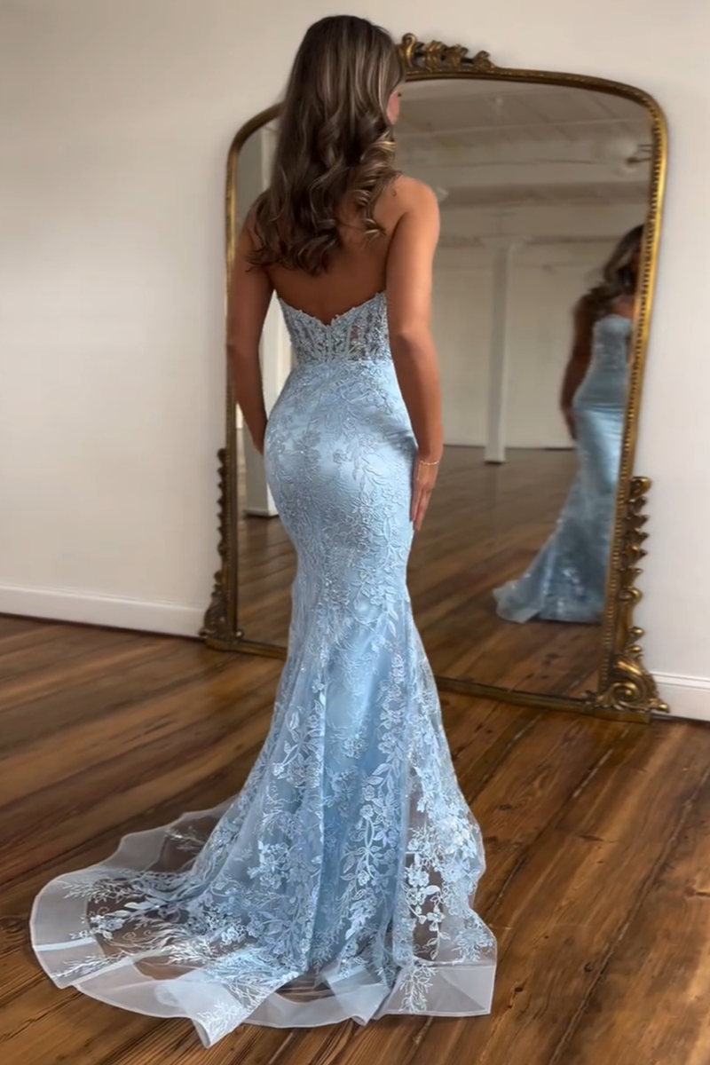 Load image into Gallery viewer, Sparkly Light Blue Mermaid Strapless Corset Long Prom Dress with Appliques