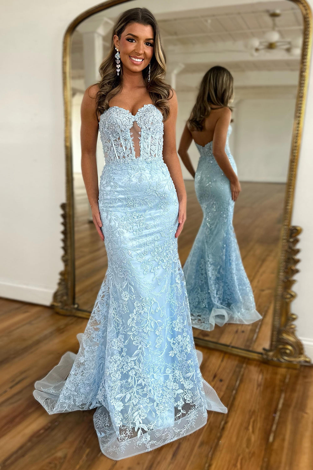 Sparkly Light Blue Mermaid Strapless Corset Long Prom Dress with Appliques