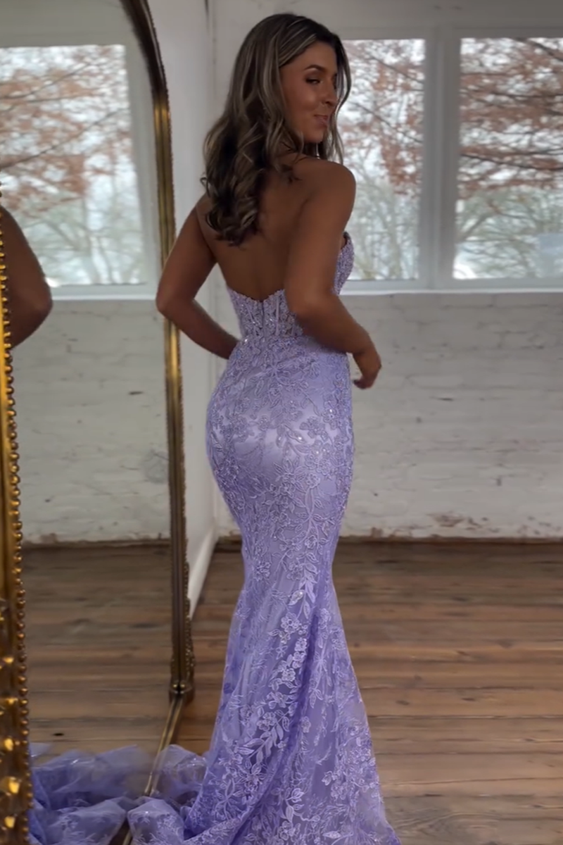 Load image into Gallery viewer, Sparkly Light Blue Mermaid Strapless Corset Long Prom Dress with Appliques