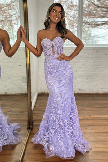 Sparkly Light Blue Mermaid Strapless Corset Long Prom Dress with Appliques