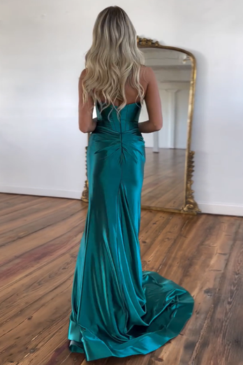 Emerald Green Mermaid Strapless Satin Corset Long Prom Dress with Slit