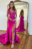 Load image into Gallery viewer, Sparkly Fuchsia Mermaid One Shoulder Satin Flower Long Prom Dress with Slit