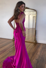 Load image into Gallery viewer, Sparkly Fuchsia Mermaid One Shoulder Flower Satin Long Prom Dress with Slit