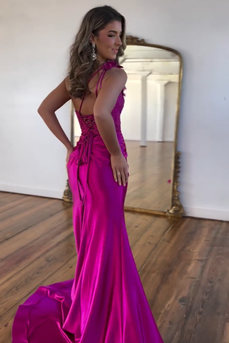 Sparkly Fuchsia Mermaid One Shoulder Flower Satin Long Prom Dress with Slit