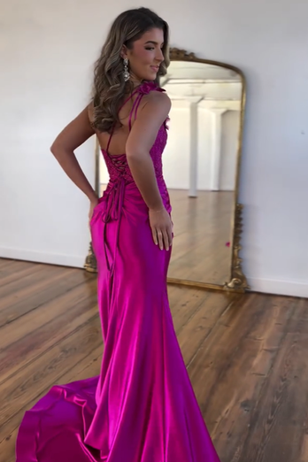 Sparkly Fuchsia Mermaid One Shoulder Satin Flower Long Prom Dress with Slit