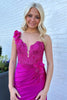 Load image into Gallery viewer, Sparkly Fuchsia Mermaid One Shoulder Flower Satin Long Prom Dress with Slit