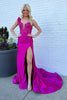 Load image into Gallery viewer, Sparkly Fuchsia Mermaid One Shoulder Satin Flower Long Prom Dress with Slit