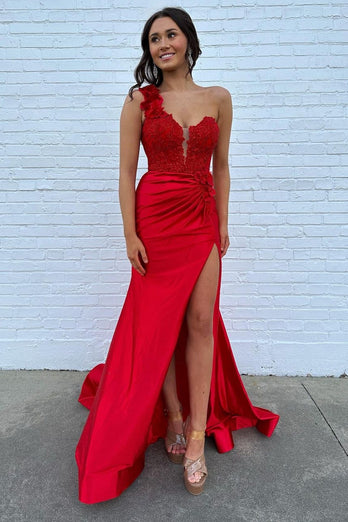 Sparkly Fuchsia Mermaid One Shoulder Satin Flower Long Prom Dress with Slit