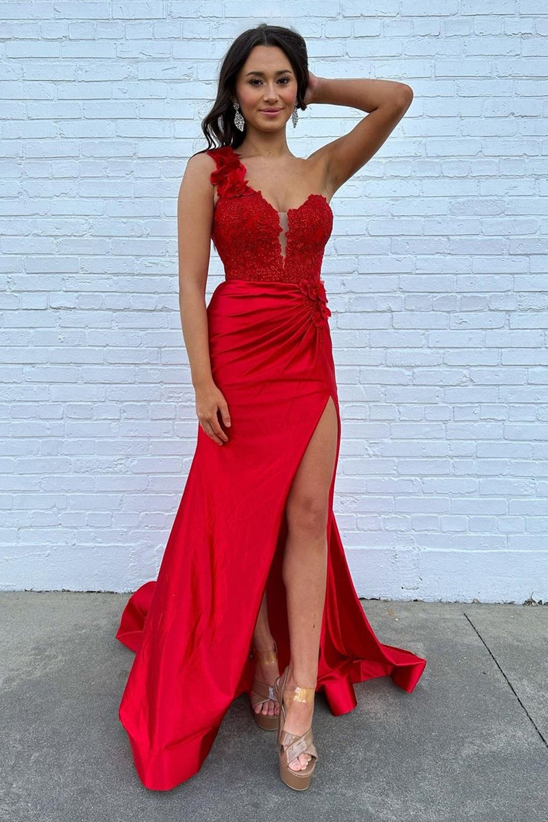 Load image into Gallery viewer, Sparkly Fuchsia Mermaid One Shoulder Satin Flower Long Prom Dress with Slit