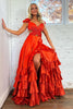 Load image into Gallery viewer, Red A-Line Ruffled Tiered Satin Long Prom Dress with Slit