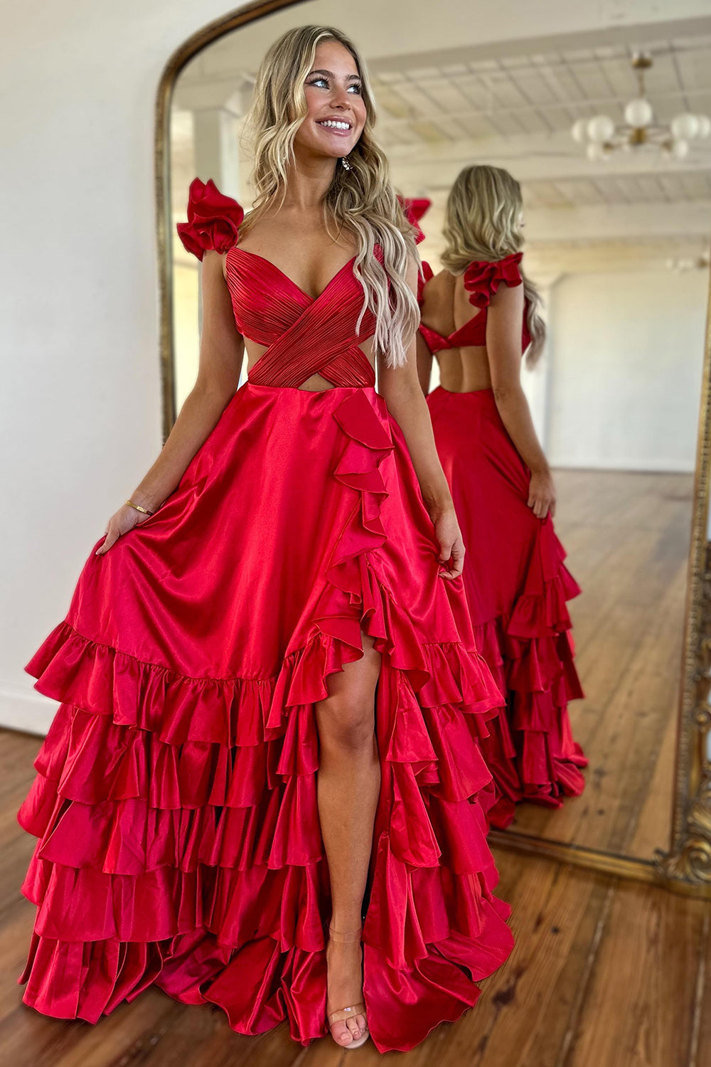 Red A-Line Ruffled Tiered Satin Long Prom Dress with Slit