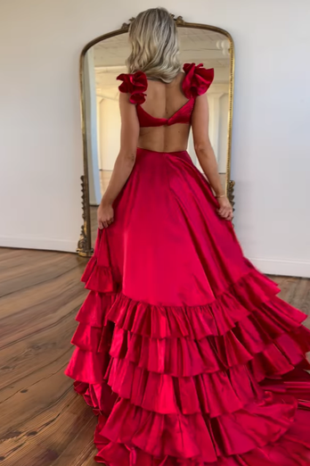 Red A-Line Ruffled Tiered Satin Long Prom Dress with Slit