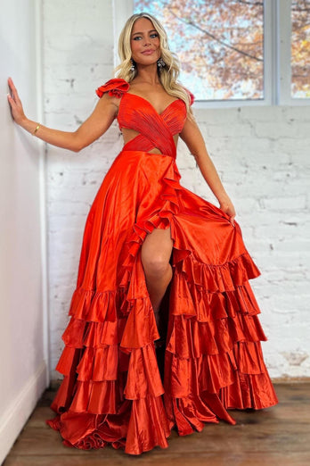 Red A-Line Ruffled Tiered Satin Long Prom Dress with Slit