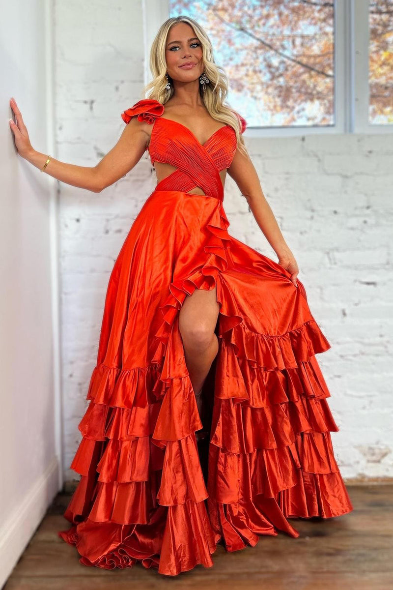 Load image into Gallery viewer, Red A-Line Ruffled Tiered Satin Long Prom Dress with Slit