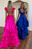 Load image into Gallery viewer, Red A-Line Ruffled Tiered Satin Long Prom Dress with Slit