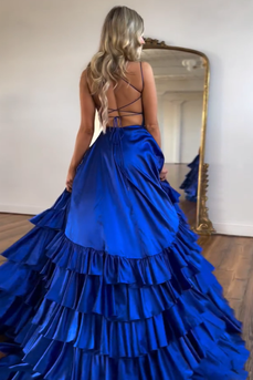 Royal Blue A-Line Spaghetti Straps Tiered Satin Long Prom Dress with Slit