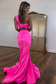 Hot Pink Mermaid One Shoulder Two Piece Ruched Long Prom Dress