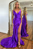 Load image into Gallery viewer, Purple Mermaid V Neck Satin Long Prom Dress with Slit