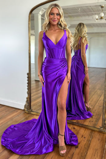 Purple Mermaid V Neck Satin Long Prom Dress with Slit