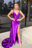 Load image into Gallery viewer, Purple Mermaid Satin V Neck Corset Long Prom Dress with Slit