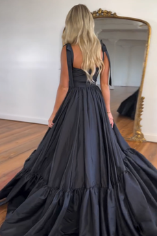 Black A-Line Ruffle Bow Tie Straps Long Prom Dress