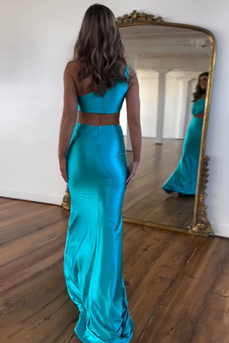 Sparkly Turquoise One Shoulder Mermaid Satin Long Prom Dress