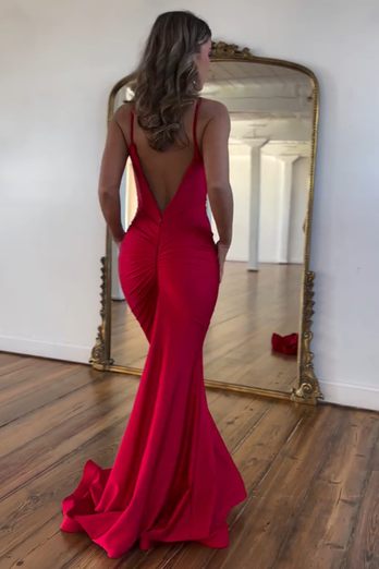 Red Mermaid Spaghetti Straps Open Back Satin Long Prom Dress