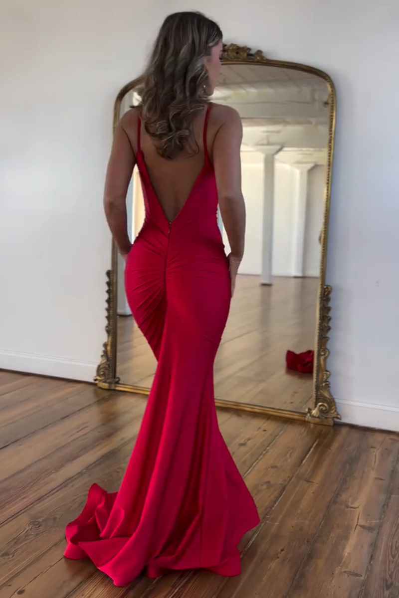 Load image into Gallery viewer, Red Mermaid Spaghetti Straps Open Back Satin Long Prom Dress