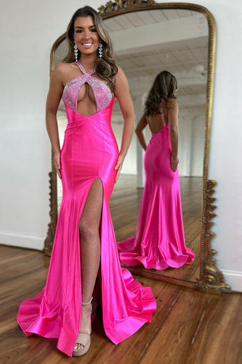 Sparkly Fuchsia Mermaid Beaded Halter Satin Long Prom Dress with Slit