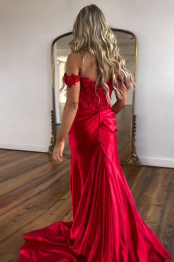 Sparkly Red Mermaid Off the Shoulder Flowers Corset Long Prom Dress with Slit