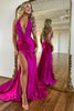 Load image into Gallery viewer, Sparkly Fuchsia Mermaid Beaded Lace Halter Satin Long Prom Dress with Slit