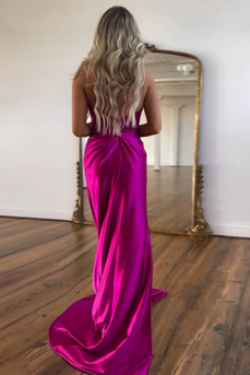 Sparkly Fuchsia Mermaid Beaded Lace Halter Satin Long Prom Dress with Slit