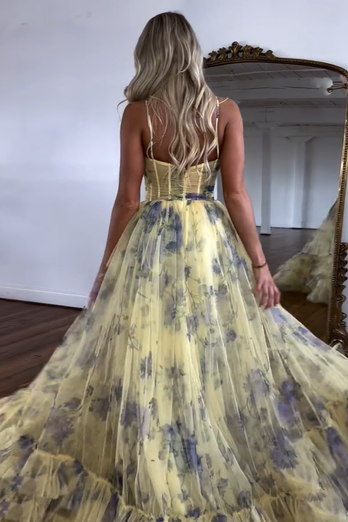 Yellow Floral A-Line Spaghetti Straps Flower Tiered Tulle Long Prom Dress