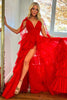 Load image into Gallery viewer, Red A-Line V Neck Tiered Tulle Long Prom Dress with Slit