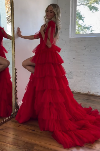 Red A-Line V Neck Tiered Tulle Long Prom Dress with Slit