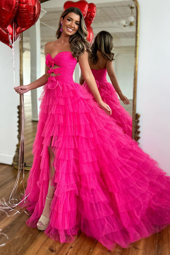 Fuchsia A-Line Strapless Bows Tiered Tulle Long Prom Dress with Slit