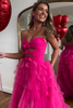 Load image into Gallery viewer, Fuchsia A-Line Strapless Bows Tiered Tulle Long Prom Dress with Slit