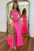 Load image into Gallery viewer, Sparkly Hot Pink Mermaid Strapless Beaded Lace Corset Long Prom Dress with Slit