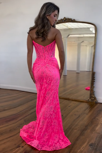 Sparkly Hot Pink Mermaid Strapless Beaded Lace Corset Long Prom Dress with Slit