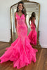 Load image into Gallery viewer, Sparkly Fuchsia Mermaid Sequined Spaghetti Straps Corset Tiered Tulle Long Prom Dress