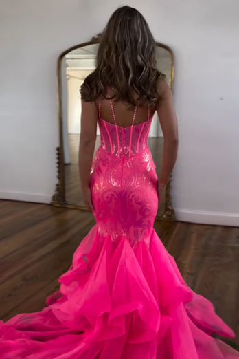 Sparkly Fuchsia Mermaid Sequined Spaghetti Straps Corset Tiered Tulle Long Prom Dress