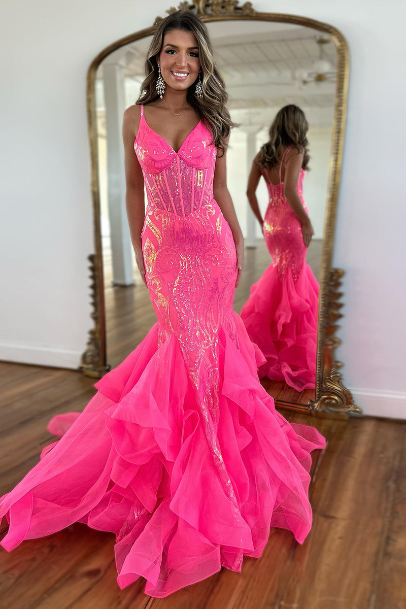 Load image into Gallery viewer, Sparkly Fuchsia Mermaid Sequined Spaghetti Straps Corset Tiered Tulle Long Prom Dress